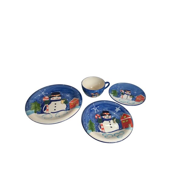 Snowman Christmas Ceramic Dinnerware Set 4-Piece Handcrafted Plate Bowl Cup Holi - Picture 2 of 7
